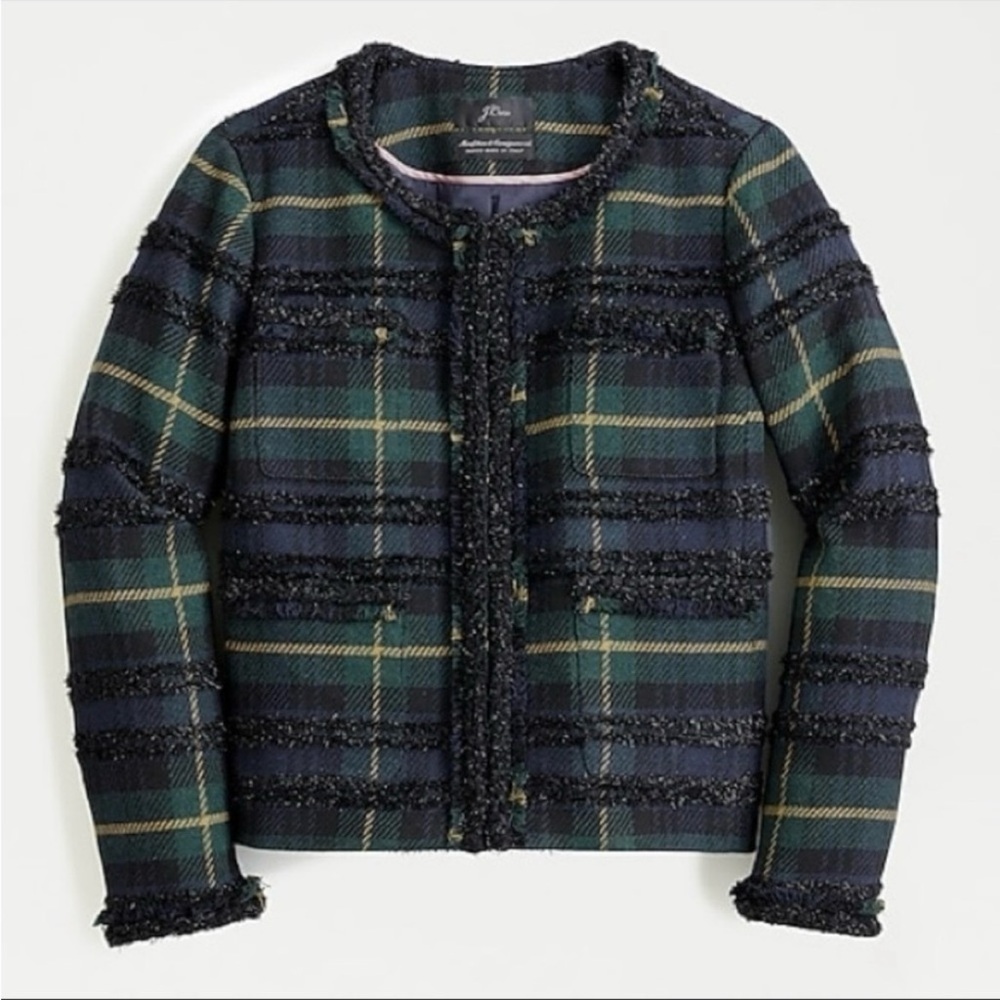 NEW J. Crew Lady Jacket Lurex Black Watch Plaid Size 2 Holidays Green Yellow NWT